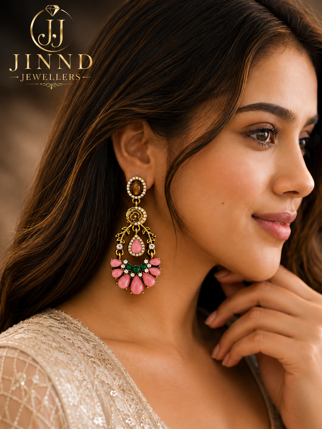 Luxury Floral Pink & Emerald Chandelier Earrings